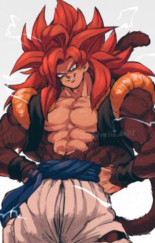 Rule 34 | 1boy, absurdres, biceps, blue eyes, blue sash, body fur, dragon ball, dragon ball gt, gogeta, highres, looking at viewer, male focus, metamoran vest, monkey boy, monkey tail, muscular, muscular male, no nipples, pants, pectorals, red hair, relio db318, sash, simple background, smile, solo, spiked hair, super saiyan, super saiyan 4, tail, veins, veiny hands, white pants