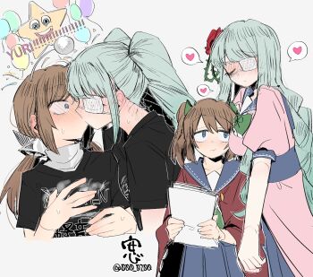 2girls an_sin balloon blue_eyes blush brown_hair closed_eyes commentary_request eyepatch flower green_hair hair_flower hair_ornament heart highres hug kiss korean_commentary long_hair multiple_girls multiple_views school_uniform shirashiro_kurohime shirt simple_background spoken_heart star_(symbol) surprise_kiss surprised t-shirt toudou_itsumi twintails very_long_hair warui_ga_watashi_wa_yuri_janai white_background yuri