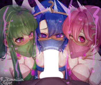 blue_hair catria_(fire_emblem) cum cum_in_mouth cum_in_nose dark-skinned_male dark_skin est_(fire_emblem) fellatio fffm_foursome fire_emblem fire_emblem:_mystery_of_the_emblem fire_emblem_echoes:_shadows_of_valentia green_hair heart heart-shaped_pupils looking_at_viewer mind_control nintendo one_eye_closed oral palla_(fire_emblem) penis pink_hair ryncka symbol-shaped_pupils tagme veil wink