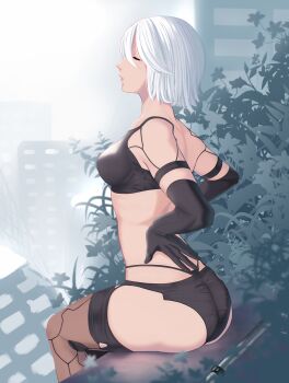 1girl a2_(nier:automata) absurdres arm_behind_back ass black_bra black_gloves black_panties black_thighhighs bra closed_eyes elbow_gloves gloves hand_on_back highres multi-strapped_panties nier:automata nier_(series) panties profile short_hair sitting solo thighhighs underwear white_hair yoomix