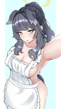 1girl absurdres animal_ears apron black_hair blue_archive blue_eyes blush breasts dog_ears dog_girl engineering_department_(blue_archive) hibiki_(blue_archive) highres long_hair looking_at_viewer medium_breasts naked_apron rakugakisan_man simple_background solo
