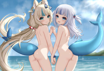 2girls :3 absurdres ahoge animal_ear_fluff animal_ears ass azunyart bad_tag bar_censor beach blonde_hair blue_eyes blue_nails blue_sky blue_streaks blunt_bangs blush breasts cat_ears censored closed_mouth completely_nude cowboy_shot day dot_nose fang fins fish_girl fish_tail from_behind gawr_gura gawr_gura_(1st_costume) grey_hair hair_ornament highres holding_hands hololive hololive_english holomyth indie_virtual_youtuber lifebuoy_hair_ornament loli long_hair long_twintails looking_at_viewer looking_back low_twintails multicolored_hair multiple_girls nipples notched_tail nude ocean open_mouth outdoors pussy sameko_saba sameko_saba_(1st_costume) shark_girl shark_hair_ornament shark_tail sharp_teeth short_twintails side-by-side single_hair_streak sky small_breasts smile standing streaked_hair tail teeth thighs twintails very_long_hair virtual_youtuber voice_actor_connection white_hair
