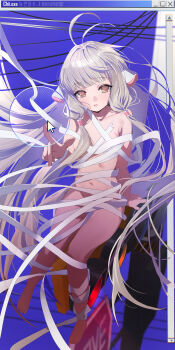 1girl absurdres ahoge berserker_r brown_eyes chii chinese_commentary chobits commentary_request cursor grey_hair highres long_hair looking_at_viewer low-tied_sidelocks nude persocom_(chobits) robot_ears robot_girl sidelocks sitting solo very_long_hair