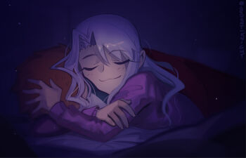 1girl blush boa_(brianoa) breasts character_doll closed_eyes doll emiya_shirou fate/stay_night fate_(series) illyasviel_von_einzbern long_hair long_sleeves purple_shirt shirt sleeping small_breasts smile solo white_hair