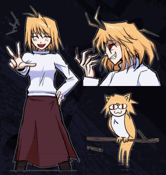 1girl ahoge animal_ears animalization arcueid_brunestud bird blonde_hair blush breasts brown_pantyhose cat_ears closed_eyes colored_sclera crazy_eyes crazy_smile fingernails hair_intakes hand_on_own_hip hashtag-only_commentary highres josmoniquep long_skirt melty_blood mystic_eyes_of_enchantment pantyhose purple_skirt red_arcueid red_eyes red_sclera sharp_fingernails short_hair skirt smile sweater tsukihime turtleneck turtleneck_sweater v vampire white_sweater yellow_eyes