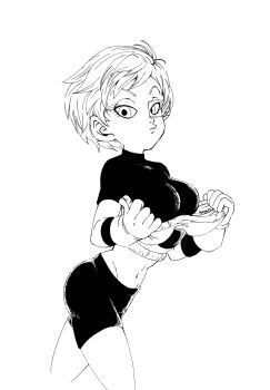 1girl bike_shorts breasts cheelai cropped_legs dragon_ball fenyon highres large_breasts legs looking_at_viewer midriff monochrome navel short_hair solo thighs