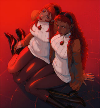 2girls blackberreh-art boots breasts curly_hair dark-skinned_female dark_skin design_speculation dress frown green_pupils hairband highres jewelry large_breasts lips long_hair look-alike matching_outfits mole mole_under_eye multiple_girls necklace not-sasha_james notthem pants red_hair red_lips red_theme sasha_james sitting smile straight_hair sweater sweater_dress the_magnus_archives turtleneck turtleneck_dress very_dark_skin very_long_hair