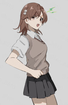 Rule 34 | 1girl, :d, black skirt, brown eyes, brown hair, brown sweater vest, collared shirt, commentary request, grey background, hair ornament, hairpin, highres, lightning bolt symbol, medium hair, miniskirt, misaka mikoto, open mouth, pleated skirt, school uniform, shirt, short sleeves, skirt, smile, solo, summer uniform, sweater vest, ten 8810, toaru kagaku no railgun, toaru majutsu no index, tokiwadai school uniform, v-neck, white shirt