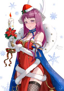 1girl antlers bare_shoulders black_thighhighs blush bow breasts candle candlestand capelet choker christmas cleavage closed_mouth collarbone dress elbow_gloves fake_antlers fire fire_emblem fire_emblem_engage fire_emblem_heroes fishnet_thighhighs fishnets fur-trimmed_capelet fur-trimmed_dress fur-trimmed_headwear fur_trim gloves hat highres holding holding_candle holding_candlestand horns ivy_(fire_emblem) ivy_(flurry_embrace)_(fire_emblem) large_breasts long_hair looking_at_viewer mole mole_under_mouth mugitoro_(dsfv2277) nintendo official_alternate_costume pelvic_curtain purple_eyes purple_hair red_dress red_hat santa_costume santa_dress santa_hat see-through_clothes see-through_veil skindentation smile snowflakes solo thighhighs thighs veil white_background white_gloves