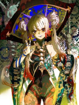 1girl absurdres bare_shoulders commentary double_bun english_commentary gradient_hair hair_bun highres kevin_adi multicolored_hair original solo twintails v white_hair