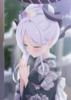 1girl absurdres blue_archive blush closed_eyes commentary_request day demon_girl demon_horns flower hair_flower hair_ornament highres hina_(blue_archive) horns japanese_clothes kimono long_hair outdoors ponono_desu solo white_hair