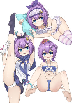 1girl :d absurdres armpits azur_lane barefoot bikini blue_bikini blue_eyes blush bracelet breasts camisole cross_hair_ornament crown feet flower frilled_bikini frills gloves hair_between_eyes hair_ornament hair_ribbon highres holding holding_pillow javelin_(azur_lane) javelin_(beach_picnic!)_(azur_lane) javelin_(operation:_pillow_fight!)_(azur_lane) jewelry kneepits leg_up looking_at_viewer mini_crown multiple_views navel no_shoes official_alternate_costume onejio open_mouth panties pillow pleated_skirt ponytail purple_hair purple_ribbon ribbon simple_background sitting skirt smile socks soles split spread_legs standing standing_on_one_leg standing_split striped_clothes striped_thighhighs swimsuit thighhighs toes underwear white_background white_bikini white_camisole white_gloves white_panties