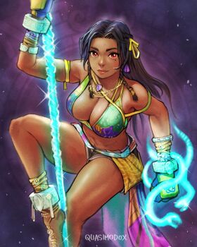 1girl anklet artist_name bare_shoulders black_hair black_shorts breasts cleavage closed_mouth dark-skinned_female dark_skin female_focus fingerless_gloves gloves hair_ribbon highres holding holding_staff jewelry large_breasts lips looking_at_viewer miary_zo mma_gloves mole mole_under_eye namco navel quasimodox red_eyes ribbon sarong short_shorts shorts smile solo staff tekken tekken_8 unzipped yellow_ribbon