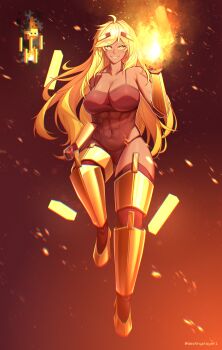 1girl absurdres bare_shoulders blaze_(at2.) blaze_(minecraft) blaze_rod blonde_hair bra breasts cleavage collarbone dark-skinned_female dark_skin destinyplayer1 hair_ornament highres large_breasts long_hair looking_at_viewer minecraft mob_talker panties personification smile solo the_nether_(minecraft) thighhighs underwear yellow_eyes