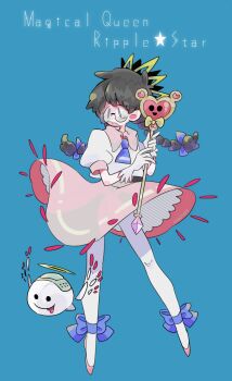 Rule 34 | 1girl, artist name, ballet slippers, black hair, blue bow, bow, braid, character name, crown, glasses, gloves, hair bow, halo, highres, holding, holding wand, kirby (series), kirby 64, low twin braids, nanaban, nintendo, pantyhose, pink skirt, ripple star queen, skirt, twin braids, wand, white gloves, white pantyhose, zero two (kirby)