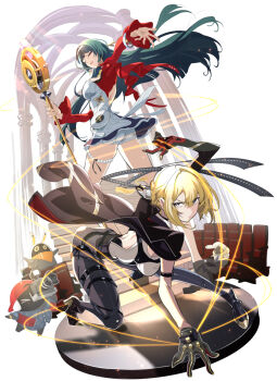 2girls arm_strap astra_yao bangboo_(zenless_zone_zero) black_coat black_hair black_pants blonde_hair camera chest_harness coat coat_on_shoulders earrings elbow_gloves eous_(zenless_zone_zero) evelyn_chevalier gloves hairband half_gloves harness high-waist_pants highres holding holding_camera holding_microphone holding_microphone_stand jacket jewelry latex_pants long_ribbon microphone microphone_stand multiple_girls necktie niihatigounana overtimeboo_(zenless_zone_zero) pants purple_eyes red_eyes red_jacket red_shrug ring_hair_ornament shrug_(clothing) single_elbow_glove single_half_glove snap_(zenless_zone_zero) stairs taking_picture thigh_beads thigh_strap tight_clothes tight_pants uneven_bangs white_hairband yellow_necktie zenless_zone_zero