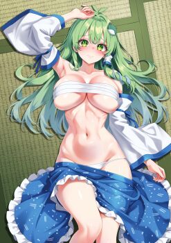 1girl absurdres blue_skirt breasts chest_sarashi closed_mouth clothes_pull commentary_request detached_sleeves frog_hair_ornament green_eyes green_hair hair_ornament highres kochiya_sanae large_breasts leo23 long_hair looking_at_viewer navel panties ribs sarashi skirt skirt_pull snake_hair_ornament solo stomach touhou underwear white_panties white_sleeves