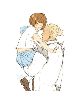 Rule 34 | 1boy, blonde hair, blush, bob cut, brown hair, dark skin, gamagoori ira, hug, implied hetero, kill la kill, loafers, mankanshoku mako, rokkiroado, school uniform, shoes, size difference