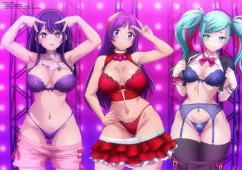 Rule 34 | 3girls, asamiya athena, black hair, black jacket, black skirt, black thighhighs, blue bow, blue bra, blue eyes, blue hair, blue panties, blush, bow, bow bra, bow panties, bowtie, bra, bracelet, breasts, cleavage, clothes lift, clothes pull, collarbone, crossover, double v, floral print, garter belt, garter straps, grin, hair ornament, hairband, hairclip, hand on own hip, hatsune miku, heart, heart hair ornament, highleg, hoshino ai, hoshino ai's pose, jacket, jewelry, lace, lace-trimmed bra, lace trim, large breasts, long hair, looking at viewer, medium breasts, multicolored hair, multiple girls, navel, open clothes, open jacket, oshi no ko, panties, pink bow, pink bowtie, pink eyes, pink hair, pink shirt, pink shorts, print bra, print panties, project sekai, psycho soldier, purple background, purple bow, purple bra, purple eyes, purple hair, purple panties, red bow, red bra, red panties, red shrug, red skirt, school uniform, shirt, shirt lift, short sleeves, shorts, shorts pull, shrug (clothing), skirt, skirt pull, sleeveless, sleeveless shirt, sleeveless shrug, smile, snk, stage, stage lights, standing, star-shaped pupils, star (symbol), streaked hair, symbol-shaped pupils, teeth, the king of fighters, thighhighs, tongue, tongue out, twintails, two-tone hair, underwear, v, vocaloid, white shirt, wrist cuffs, zel-sama