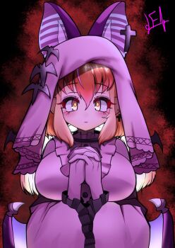 1girl animal_ears bat_ears bat_girl bat_wings breasts brown_eyes brown_hair brown_long-eared_bat_(kemono_friends) dress earrings extra_ears gloves highres jewelry kemono_friends kemono_friends_v_project large_breasts long_hair looking_at_viewer multicolored_hair noren_kf1 nun purple_dress simple_background solo streaked_hair upper_body veil virtual_youtuber wings