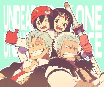 2boys 2girls absurdres andy_(undead_unluck) beanie black_hair blush cigar collared_shirt company_connection copyright_name crossed_arms eyewear_on_head facial_hair fur_trim grey_hair hair_slicked_back hat highres holding holding_sword holding_weapon izumo_fuuko look-alike multiple_boys multiple_girls necktie one_piece outline sanam_1piece scar scar_on_face shirt short_hair smile smoker_(one_piece) sword tashigi thumbs_up undead_unluck weapon white_outline