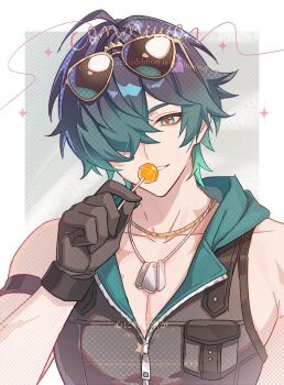 1boy ahoge alternate_costume arm_strap bare_shoulders black_gloves candy collarbone commentary_request commission dog_tags eyewear_on_head food gloves green_eyes green_hair hair_over_one_eye hand_up head_tilt holding holding_candy holding_food holding_lollipop hood hooded_jacket jacket jewelry lighter_(zenless_zone_zero) lollipop looking_at_viewer male_focus multiple_scars necklace orsat parted_lips partially_unzipped red_pupils scar scar_on_arm scar_on_chest scar_on_shoulder short_hair sleeveless sleeveless_jacket smile solo sparkle sunglasses upper_body yellow-framed_eyewear zenless_zone_zero zipper zipper_pull_tab