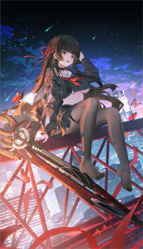 1girl absurdres arm_cutout black_choker black_hair black_jacket black_pantyhose black_serafuku black_shirt black_skirt blunt_bangs breasts brown_shoes bug butterfly chinese_commentary chisa_(wuthering_waves) choker city clothing_cutout commentary_request crop_top hair_ribbon heiyizhushenxia highres insect jacket large_breasts long_hair long_sleeves looking_at_viewer mole mole_under_eye neckerchief night night_sky no_shoes open_mouth outdoors pantyhose purple_sky red_butterfly red_eyes red_neckerchief red_ribbon ribbon sailor_collar school_uniform serafuku shirt shoes sitting skirt sky smile solo sword tacet_mark_(wuthering_waves) thigh_strap thighs underboob weapon white_sailor_collar wuthering_waves