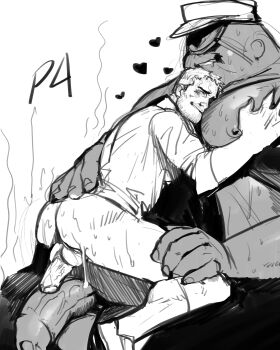 2boys absurdres after_anal afterglow bara beard_stubble between_pecs between_pectorals bottomless character_request doujima_ryoutarou facial_hair from_side greyscale half-erect head_between_pecs highres hug incubear large_hands looking_at_viewer loving_aura male_focus mature_male monochrome monster multiple_boys pectoral_grab pectorals penis penis_size_difference penises_touching persona persona_4 short_hair size_difference sketch smile stubble thick_eyebrows uncensored yaoi