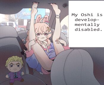 1girl animal_ears barefoot character_doll doll h@nk hair_ornament highres jacket jojo_no_kimyou_na_bouken kira_yoshikage loli long_hair looking_at_viewer motor_vehicle phase_connect pink_eyes pink_hair pipkin_pippa rabbit_ears rabbit_girl rabbit_tail slit_pupils solo tail vehicle_interior virtual_youtuber walmart