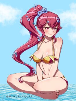 1girl alternate_costume anna_(fire_emblem) bare_arms bare_legs bare_shoulders barefoot beach bikini blue_flower blush breasts collarbone commission crossed_legs fire_emblem fire_emblem:_three_houses fire_emblem_awakening flower hair_flower hair_ornament highres long_hair medium_breasts miss_bunny_li navel nintendo ocean pink_eyes pink_hair sky solo stomach summer swimsuit thighs