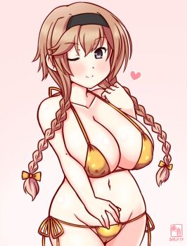 Rule 34 | 1girl, bikini, blush, braid, breasts, brown hair, covered erect nipples, gold bikini, gradient background, hair ornament, hairband, headband, kanon (kurogane knights), kantai collection, long hair, looking at viewer, one eye closed, pink background, smile, solo, swimsuit, teruzuki (kancolle), twin braids