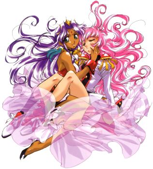1990s_(style) 2girls absurdres bare_shoulders bindi breasts buttons closed_eyes dark-skinned_female dark_skin dress epaulettes full_body green_eyes high_heels highres himemiya_anthy knee_up long_hair looking_at_viewer medium_breasts multiple_girls open_mouth pink_hair purple_hair red_dress retro_artstyle school_uniform shoes shoujo_kakumei_utena shoujo_kakumei_utena_adolescence_mokushiroku simple_background sitting smile socks tenjou_utena tiara veil very_long_hair wavy_hair wristband yuri