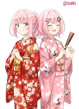 2girls amaori_haruna amaori_renako closed_eyes commentary_request folding_fan hair_ornament hairclip hand_fan highres holding holding_fan japanese_clothes kimono long_sleeves looking_at_viewer multiple_girls nagisa-momoe777 open_mouth own_hands_clasped own_hands_together pink_kimono print_kimono red_kimono siblings simple_background sisters smile watashi_ga_koibito_ni_nareru_wake_naijan_murimuri! white_background x_hair_ornament