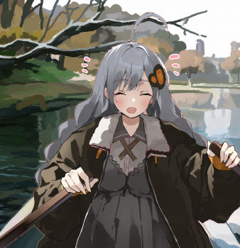 1girl ahoge bare_tree black_jacket blush boat braid closed_eyes collared_shirt commentary_request day dress dress_shirt facing_viewer grey_dress grey_hair hair_ornament holding jacket kizuna_akari lake lamb_(hitsujiniku) long_sleeves low_twintails notice_lines open_clothes open_jacket open_mouth outdoors puffy_long_sleeves puffy_sleeves rowboat shirt solo tree twin_braids twintails voiceroid water watercraft white_shirt