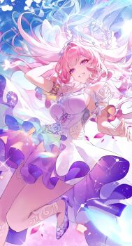 1girl arm_up armlet bare_shoulders blue_hair breasts commentary cyrene_(honkai:_star_rail) cyrene_(ripples_of_past_reverie)_(honkai:_star_rail) dasha diamond-shaped_pupils diamond_(shape) dress english_commentary flower gradient_hair hair_flower hair_intakes hair_ornament high_heels honkai:_star_rail honkai_(series) jewelry large_breasts long_hair looking_at_viewer multicolored_hair pink_hair pink_petals pointy_ears purple_eyes purple_flower purple_shoes shoes sidelocks smile solo symbol-shaped_pupils white_dress