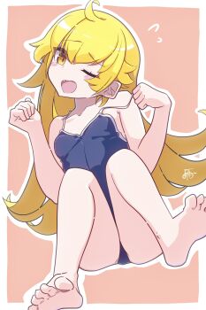 1girl ahoge blonde_hair blue_one-piece_swimsuit blush blush_stickers border collarbone commentary_request fang feet hair_flaps hands_up highres knees_up long_hair looking_at_viewer monogatari_(series) one-piece_swimsuit one_eye_closed open_mouth orange_background oshino_shinobu outline signature sitting solo sunekos swimsuit very_long_hair white_border white_outline yellow_eyes