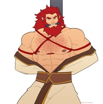 1boy abs animal_ears bara bdsm beard bondage bound caineghis_(fire_emblem) chest_hair cleave_gag cloth_gag commentary english_commentary facial_hair fire_emblem fire_emblem:_path_of_radiance gag gagged highres improvised_gag large_pectorals long_hair looking_at_viewer male_focus muscular muscular_male nintendo nipples pectorals red_hair red_rope restrained revealyoursins rope shibari simple_background solo white_background