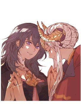 Rule 34 | 2girls, blonde hair, blue eyes, cape, closed eyes, collared cape, commentary, couple, detached collar, double bun, edelgard von hresvelg, fake horns, female byleth (fire emblem), fire emblem, fire emblem: three houses, forehead-to-forehead, from side, green hair, hair between eyes, hair bun, hair up, hand on another's hand, headpiece, heads together, highres, horns, jewelry, marriage proposal, moenoame, multiple girls, nintendo, parted lips, red cape, ring, shade, smile, upper body, wavy hair, white background, yuri