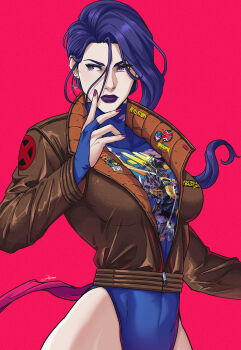 1girl breasts commentary curvy earrings english_commentary highleg highleg_leotard highres hoop_earrings jewelry jhony_caballero leotard leotard_under_clothes long_hair marvel pin psylocke purple_eyes purple_hair purple_nails sentinel_(x-men) shiny_skin solo sword weapon wide_hips x-men