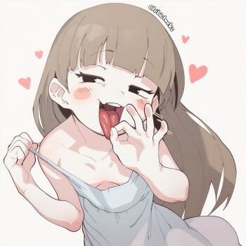 1girl ai-assisted bare_shoulders black_eyes blunt_bangs blush blush_stickers breasts brown_hair chibicheeks child_gf_(orenji) collarbone downblouse dress fang fellatio_gesture half-closed_eyes handjob_gesture heart loli long_hair looking_at_viewer mesugaki motion_lines naughty_face open_mouth oral_invitation original sexually_suggestive simple_background sleeveless sleeveless_dress small_breasts smile solo strap_pull sundress teasing teeth tongue tongue_out twitter_username upper_body upper_teeth_only white_background white_dress