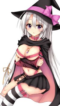1girl arms_under_breasts asymmetrical_legwear ayachi_nene belt belt_bra belt_collar black_cape black_hat black_skirt blush bow breasts cape cleavage collar commentary_request commission crossed_arms feet_out_of_frame fuchigamimirai grey_hair hair_between_eyes hair_ribbon hat hat_bow highres invisible_chair jewelry large_breasts long_hair long_sleeves looking_at_viewer miniskirt navel necklace open_mouth pink_belt pink_bow pink_cape pleated_skirt purple_eyes ribbon sanoba_witch sidelocks simple_background single_thighhigh sitting skirt solo straight_hair striped_clothes striped_thighhighs thighhighs thighs two-sided_cape two-sided_fabric very_long_hair white_background wide_sleeves witch witch_hat yellow_ribbon