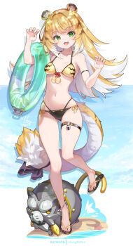 1girl :d animal_ears bikini black_bikini blonde_hair breasts colored_inner_hair commentary_request green_eyes highres hong_(white_spider) hu_wei_(zenless_zone_zero) ju_fufu long_hair looking_at_viewer multicolored_bikini multicolored_hair open_mouth patreon_username sandals signature small_breasts smile solo standing standing_on_one_leg swimsuit tail tiger_ears tiger_girl tiger_tail toes two-tone_bikini two-tone_hair white_hair yellow_bikini zenless_zone_zero