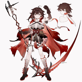 1girl adapted_costume ahoge alternate_costume bare_shoulders belt belt_bag black_belt black_footwear black_gloves black_ribbon black_shorts boots bow brown_bag brown_hair cape closed_mouth collared_jacket commentary cropped_jacket cropped_torso eyelashes flower from_behind full_body gloves grey_arm_warmers grey_belt grey_shirt grey_socks hair_between_eyes hair_bow hand_up high_collar highres holding holding_scythe jacket kneehighs knees leg_ribbon looking_at_viewer low_ponytail medium_hair multiple_belts multiple_views open_belt pink_flower pink_rose ponytail purple_eyes red_belt red_bow red_cape red_ribbon ribbon rose ruby_rose rwby scythe shirt short_ponytail short_sleeves shorts simple_background smile socks straight-on symbol-only_commentary thigh_belt thigh_strap torn_cape torn_clothes twitter_username two-tone_bow v-shaped_eyebrows white_background white_bow white_jacket white_sleeves yuji_(fantasia)