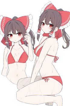 1girl absurdres alternate_costume bikini blush bow breasts breasts_apart brown_hair check_commentary closed_mouth commentary_request frilled_bow frilled_hair_tubes frills hair_bow hair_tubes hakurei_reimu highres kiui_(dagk8254) long_hair looking_at_viewer medium_breasts navel paid_reward_available red_bikini red_bow red_eyes simple_background solo squatting stomach sweat swimsuit touhou white_background