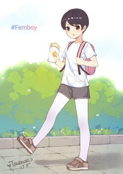 1boy :d absurdres artist_name backpack bag black_hair blush brown_eyes brown_shoes bush collarbone crossdressing crossdressing_(mtf) dated food full_body grey_shorts heart highres holding holding_food leg_up looking_at_viewer open_mouth original outdoors pantyhose pantyhose_under_shorts path ponytail road shirt shoes short_hair short_ponytail shorts simple_background smile solo standing standing_on_one_leg swept_bangs tareme tsubasa_tsubasa white_background white_pantyhose white_shirt wrapper