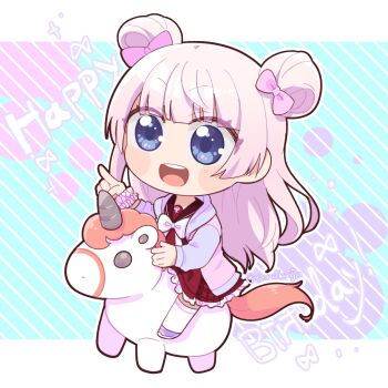 1girl :d aqua_background assault_lily blue_jacket blunt_bangs bow bowtie brown_sailor_collar chibi commentary_request double_bun frilled_skirt frills full_body hair_bow hair_bun hands_up happy_birthday highres hood hood_down jacket kanba_girls_high_school_uniform letterboxed long_hair looking_ahead miniskirt multicolored_jacket open_mouth outside_border pink_background pink_bow pink_hair pink_jacket pink_scrunchie pointing pointing_forward ponokaijo purple_shoes red_skirt riding sailor_collar school_uniform scrunchie serafuku shoes skirt smile solo striped_background tamba_akari teeth thighhighs toy twitter_username two-tone_jacket unicorn upper_teeth_only v-shaped_eyebrows white_bow white_bowtie white_thighhighs wrist_scrunchie