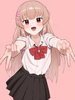 1girl absurdres alternate_costume bandaged_wrist bandages black_skirt blonde_hair blush bow bowtie collared_shirt commentary_request double_gyaru_v double_v fang gyaru_v hair_ornament hairclip highres long_hair looking_at_viewer natori_sana okaki8130 open_mouth pink_background pink_nails rabbit_hair_ornament red_bow red_bowtie red_eyes sana_channel shirt simple_background skin_fang skirt solo sparkle teeth v virtual_youtuber white_shirt