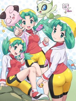 1girl absurdres alternate_color antennae ass beanie bike_shorts blue_eyes blue_skin breasts cameltoe celebi cleffa colored_skin commentary_request cropped_jacket fairy_wings flying flying_sweatdrops gen_2_pokemon green_eyes green_hair green_skin hat highres holding holding_poke_ball jacket kris_(pokemon) legendary_pokemon medium_breasts multiple_views mythical_pokemon nintendo phanpy pink_skin poke_ball pokegear pokemoa pokemon pokemon_(creature) pokemon_gsc red_shirt shiny_pokemon shirt shoes shorts smile twintails white_jacket wings yellow_hat yellow_shorts