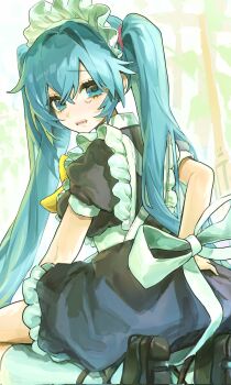 1girl apron between_legs black_shoes blue_eyes blue_hair double-parted_bangs dress fang frilled_apron frilled_dress frills from_behind hair_between_eyes hair_intakes hand_between_legs hand_on_own_hip hashtag-only_commentary highres long_hair looking_at_viewer looking_back maid maid_headdress open_mouth puffy_sleeves seiza shoes short_sleeves sidelocks sitting socks solo twintails vocaloid white_socks yuuri_(0914yuuri_k)