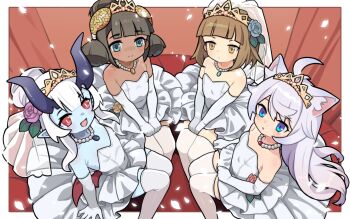 4girls ahoge animal_ears arm_support arum_(world_flipper) bare_shoulders bead_necklace beads blue_eyes blue_flower blue_rose blue_skin blunt_bangs border brown_hair colored_skin commentary_request couette_(world_flipper) dress elbow_gloves fi_nonoa_(world_flipper) flat_chest flower freckles from_above frown gloves grey_hair highres horns jewelry looking_at_viewer low_wings multiple_girls mwm5 necklace petals piamo_(world_flipper) purple_flower purple_rose red_eyes red_wings rose sitting tan thighhighs tiara veil wedding_dress white_border white_dress white_thighhighs wings wolf_ears world_flipper
